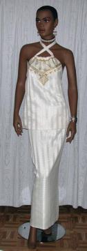 African Dress- Elegant Cream and Gold Strip Dress